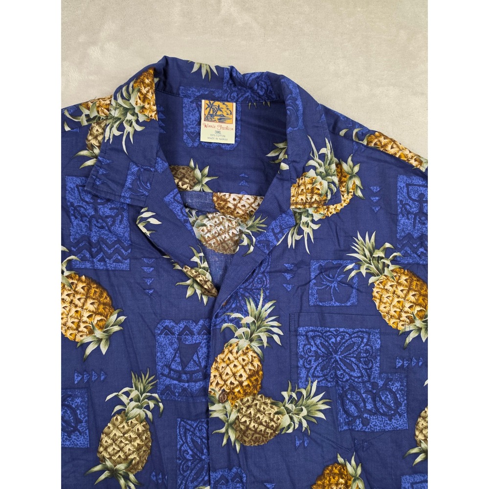 Winnie Fashion Hawaiian Shirt Mens 3XL Blue Pineapple Tropical Button Up Cotton